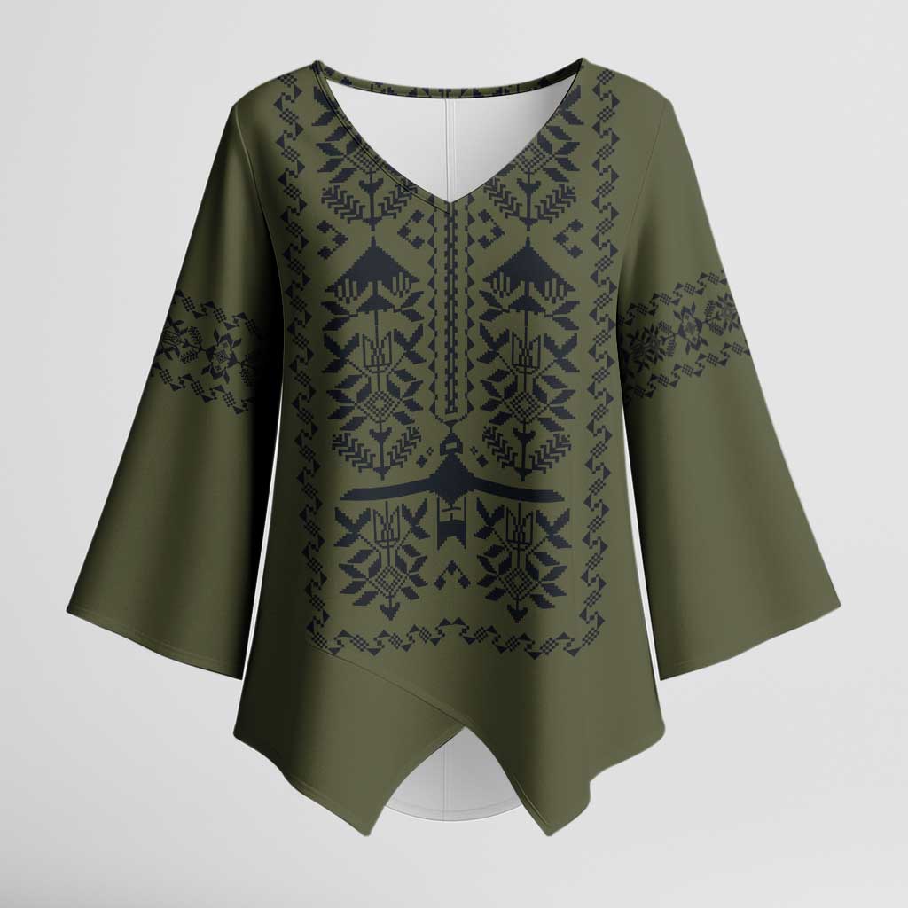 Ukraine Military Vyshyvanka Pattern Kimono Sleeve Blouse Ukrainian Heritage Green Tactical Style - Wonder Print Shop