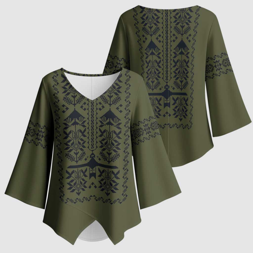 Ukraine Military Vyshyvanka Pattern Kimono Sleeve Blouse Ukrainian Heritage Green Tactical Style - Wonder Print Shop