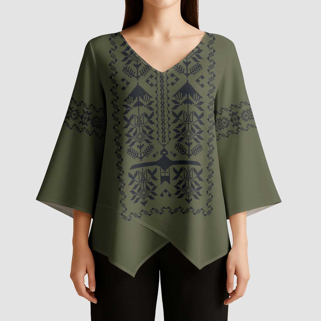 Ukraine Military Vyshyvanka Pattern Kimono Sleeve Blouse Ukrainian Heritage Green Tactical Style - Wonder Print Shop