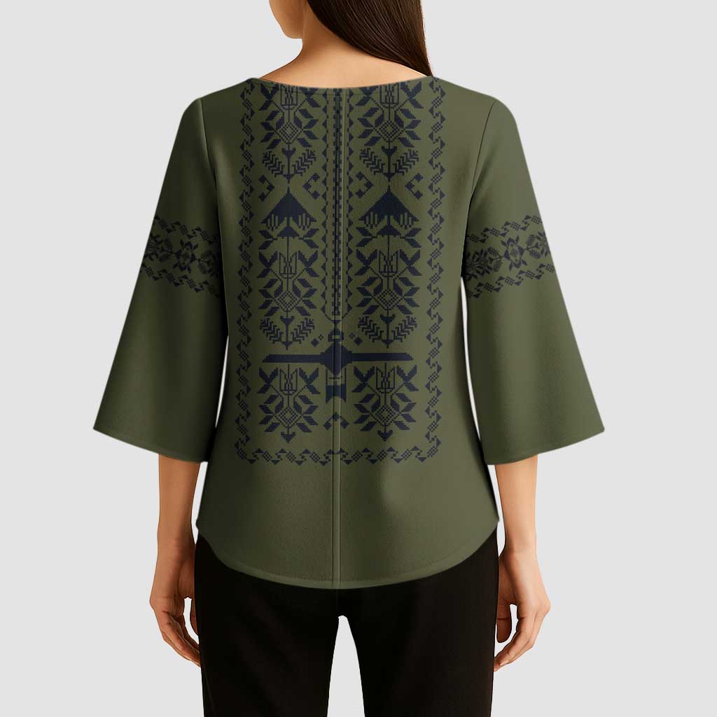 Ukraine Military Vyshyvanka Pattern Kimono Sleeve Blouse Ukrainian Heritage Green Tactical Style - Wonder Print Shop