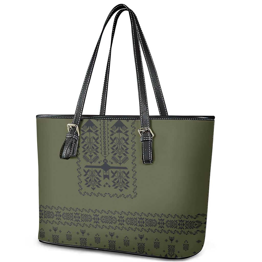 Ukraine Military Vyshyvanka Pattern Leather Tote Bag Ukrainian Heritage Green Tactical Style - Wonder Print Shop