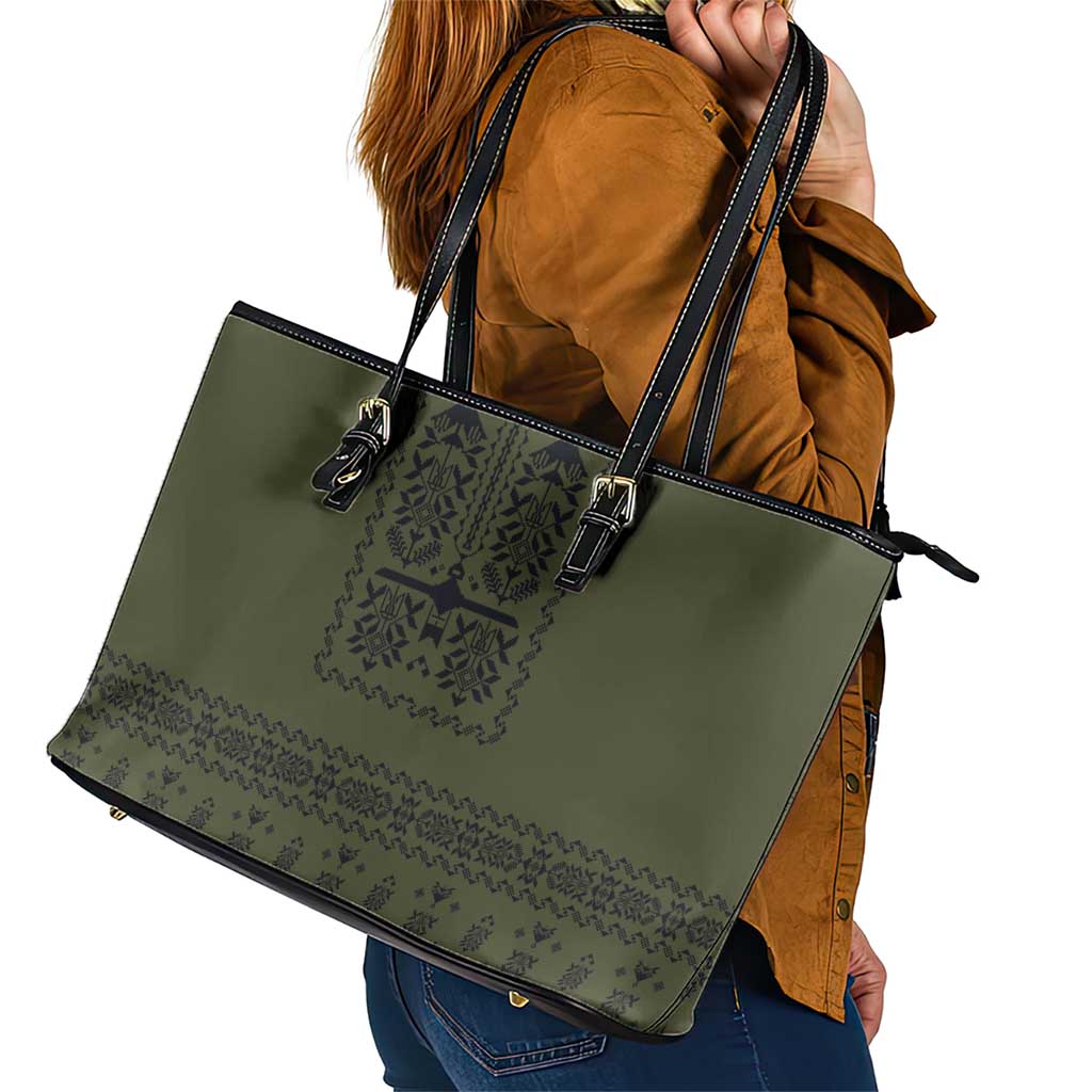 Ukraine Military Vyshyvanka Pattern Leather Tote Bag Ukrainian Heritage Green Tactical Style - Wonder Print Shop
