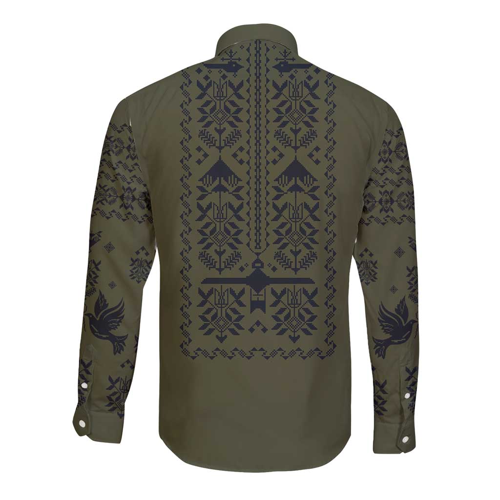 Ukraine Military Vyshyvanka Pattern Long Sleeve Button Shirt Ukrainian Heritage Green Tactical Style - Wonder Print Shop