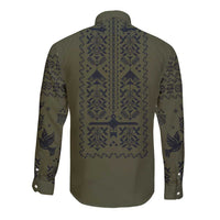 Ukraine Military Vyshyvanka Pattern Long Sleeve Button Shirt Ukrainian Heritage Green Tactical Style - Wonder Print Shop