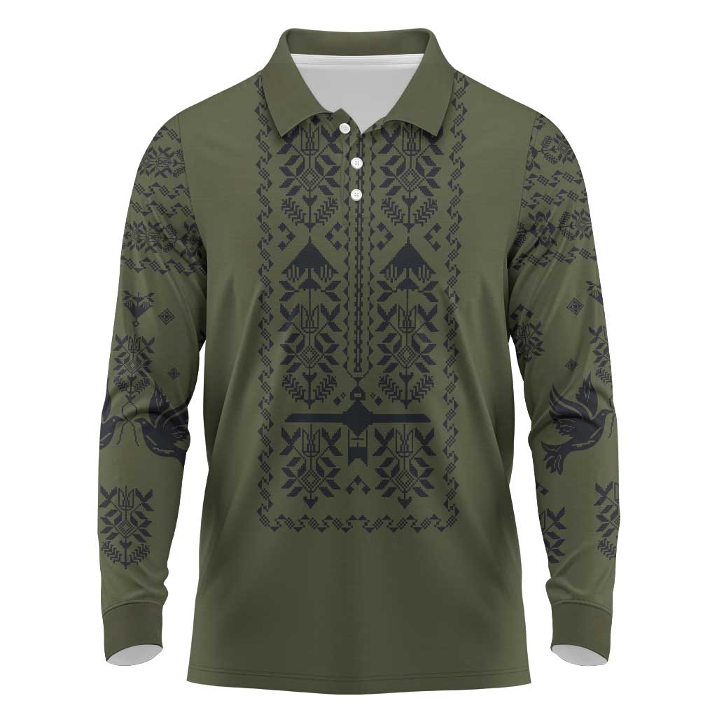 Ukraine Military Vyshyvanka Pattern Long Sleeve Polo Shirt Ukrainian Heritage Green Tactical Style - Wonder Print Shop