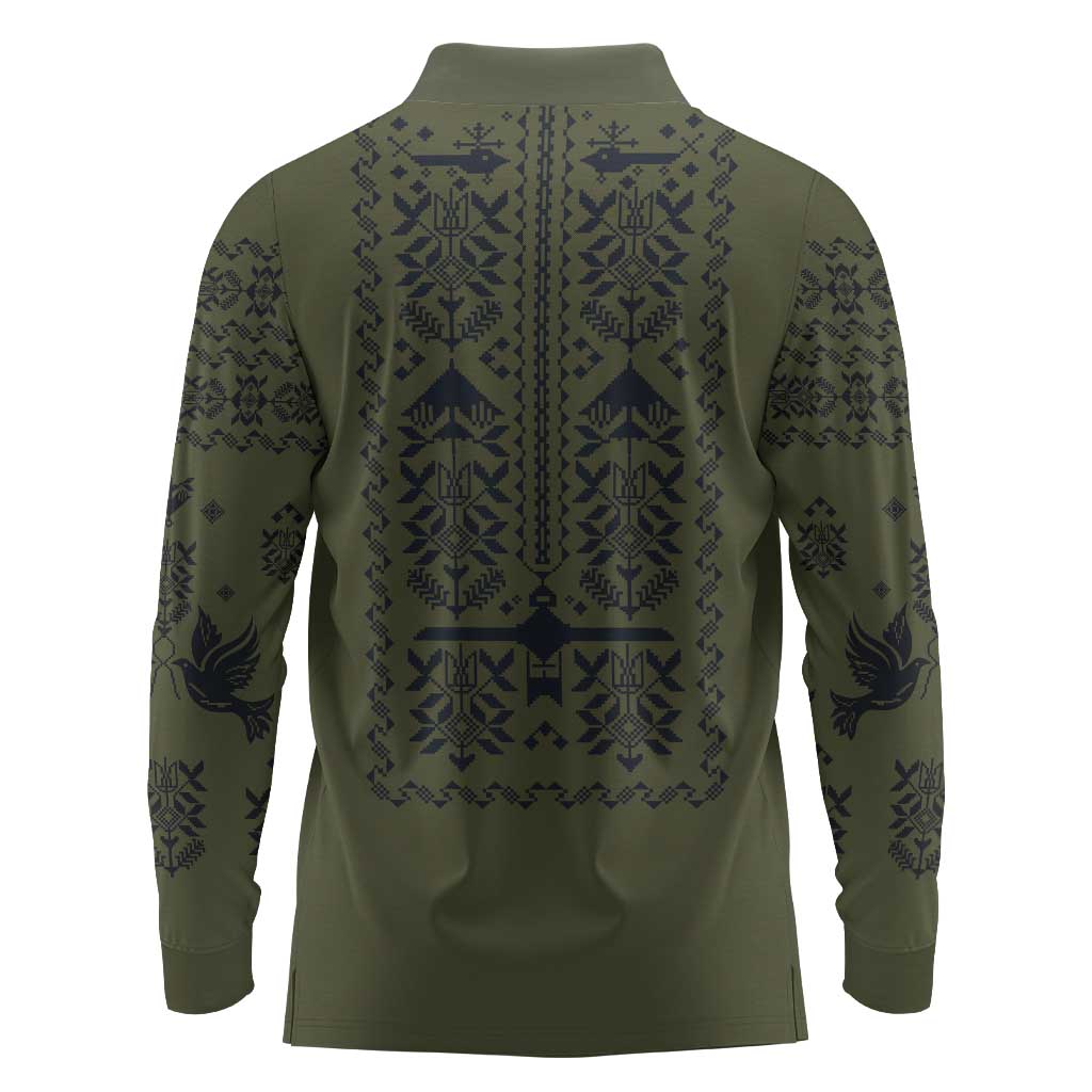 Ukraine Military Vyshyvanka Pattern Long Sleeve Polo Shirt Ukrainian Heritage Green Tactical Style - Wonder Print Shop
