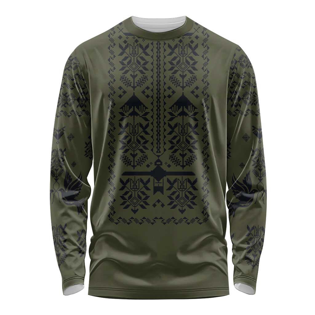 Ukraine Military Vyshyvanka Pattern Long Sleeve Shirt Ukrainian Heritage Green Tactical Style - Wonder Print Shop