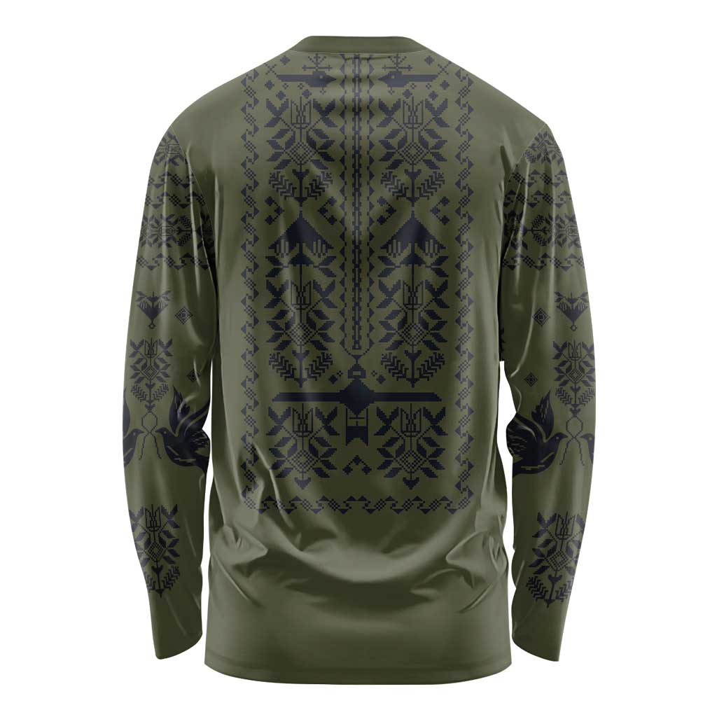 Ukraine Military Vyshyvanka Pattern Long Sleeve Shirt Ukrainian Heritage Green Tactical Style - Wonder Print Shop