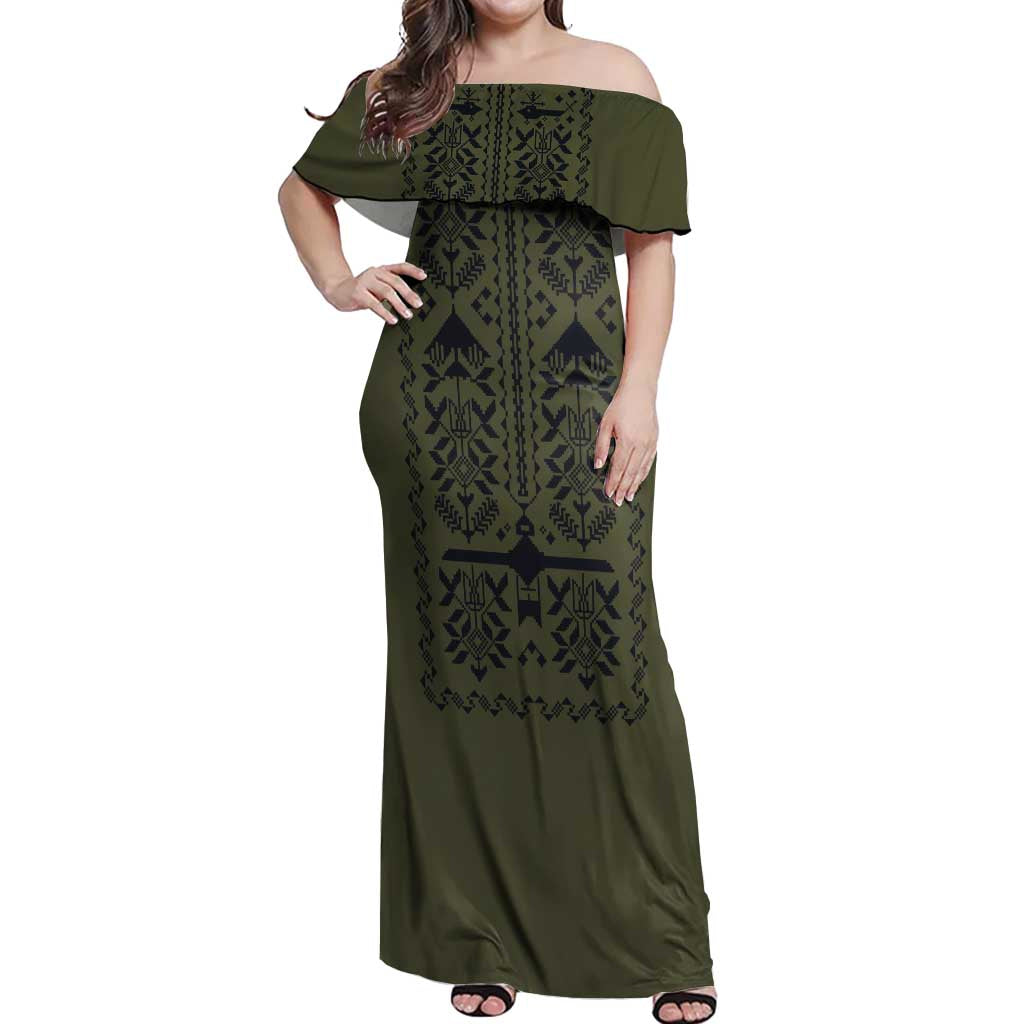 Ukraine Military Vyshyvanka Pattern Off Shoulder Maxi Dress Ukrainian Heritage Green Tactical Style - Wonder Print Shop