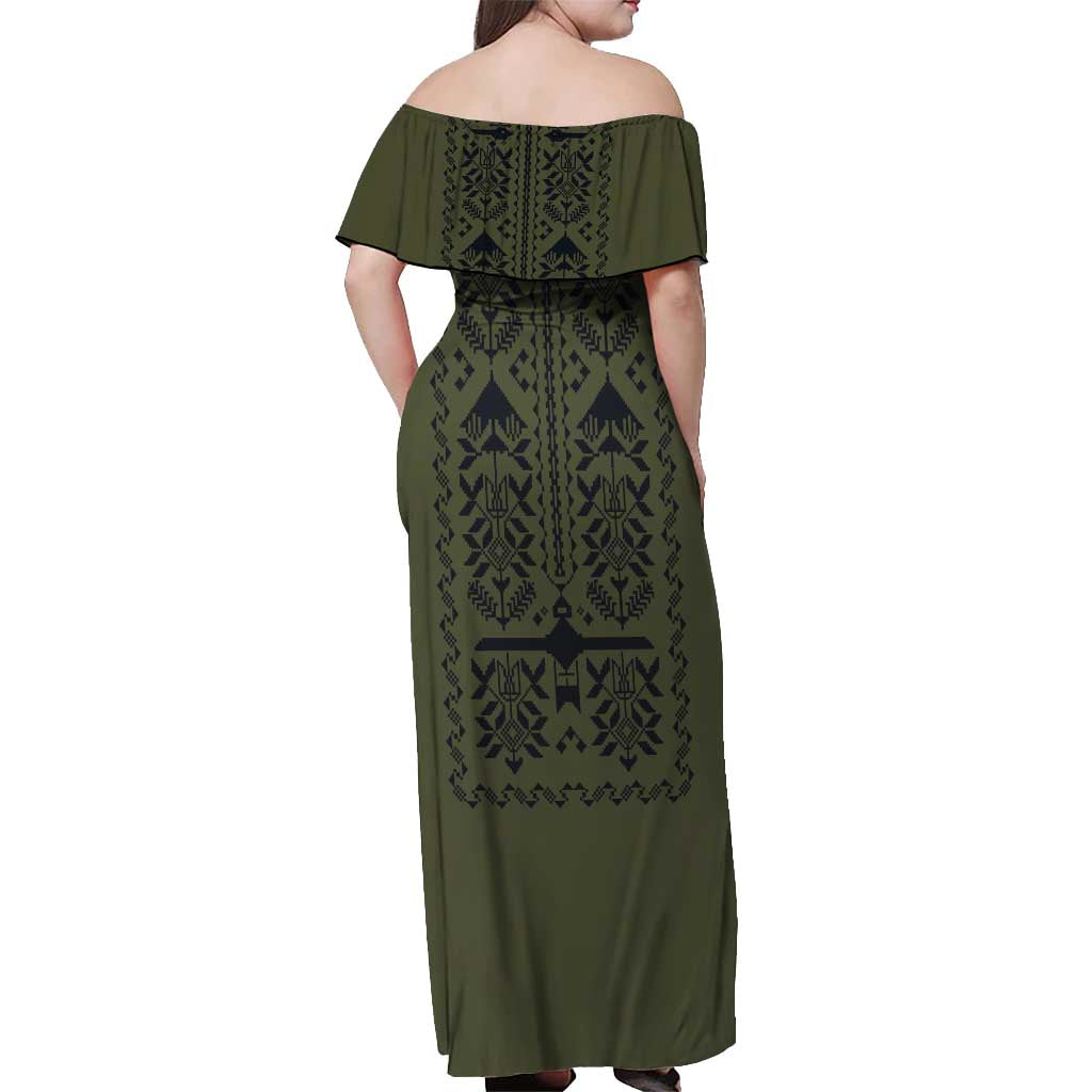 Ukraine Military Vyshyvanka Pattern Off Shoulder Maxi Dress Ukrainian Heritage Green Tactical Style - Wonder Print Shop
