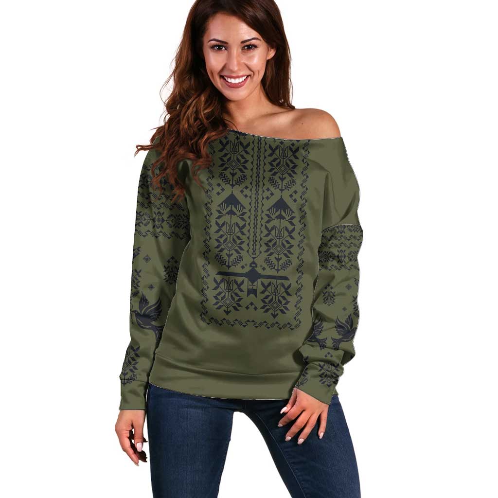 Ukraine Military Vyshyvanka Pattern Off Shoulder Sweater Ukrainian Heritage Green Tactical Style - Wonder Print Shop
