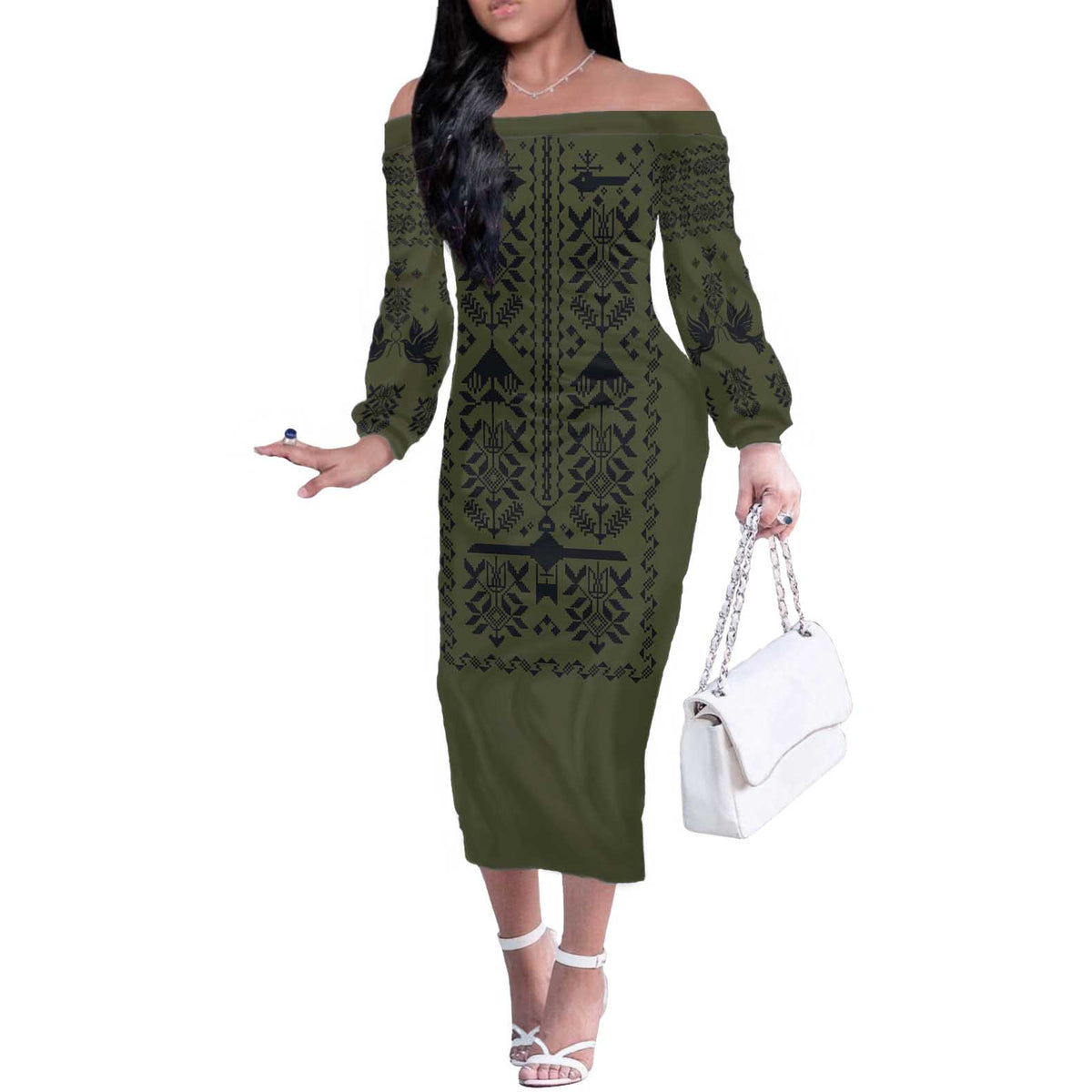 Ukraine Military Vyshyvanka Pattern Off The Shoulder Long Sleeve Dress Ukrainian Heritage Green Tactical Style - Wonder Print Shop