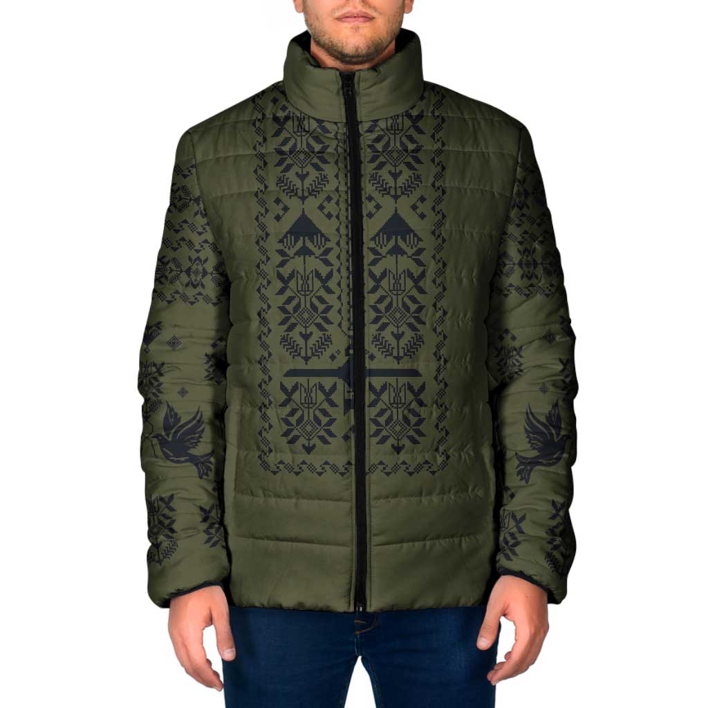 Ukraine Military Vyshyvanka Pattern Padded Jacket Ukrainian Heritage Green Tactical Style - Wonder Print Shop