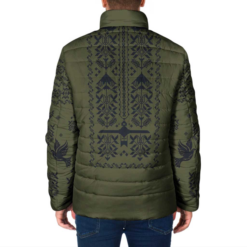 Ukraine Military Vyshyvanka Pattern Padded Jacket Ukrainian Heritage Green Tactical Style - Wonder Print Shop