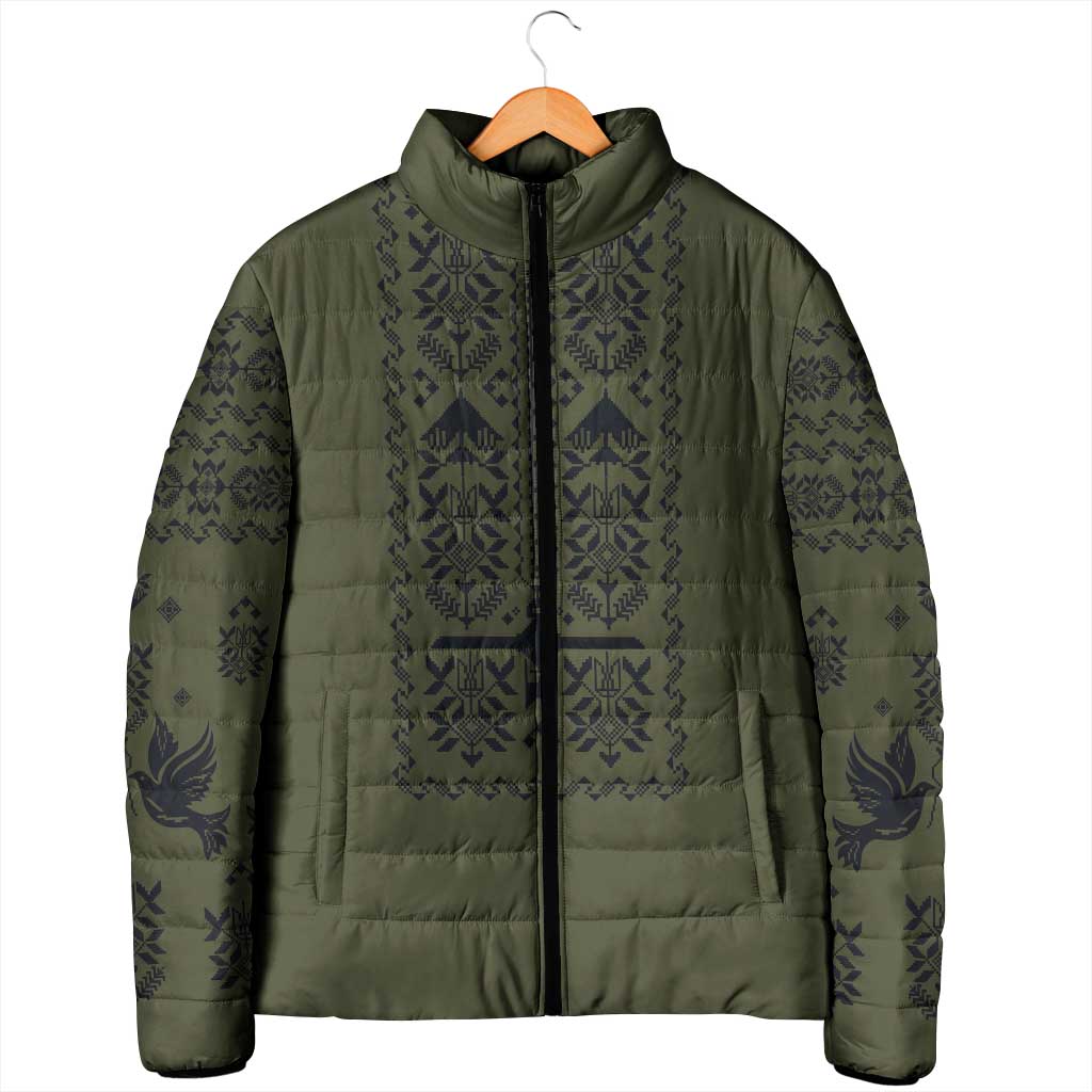 Ukraine Military Vyshyvanka Pattern Padded Jacket Ukrainian Heritage Green Tactical Style - Wonder Print Shop