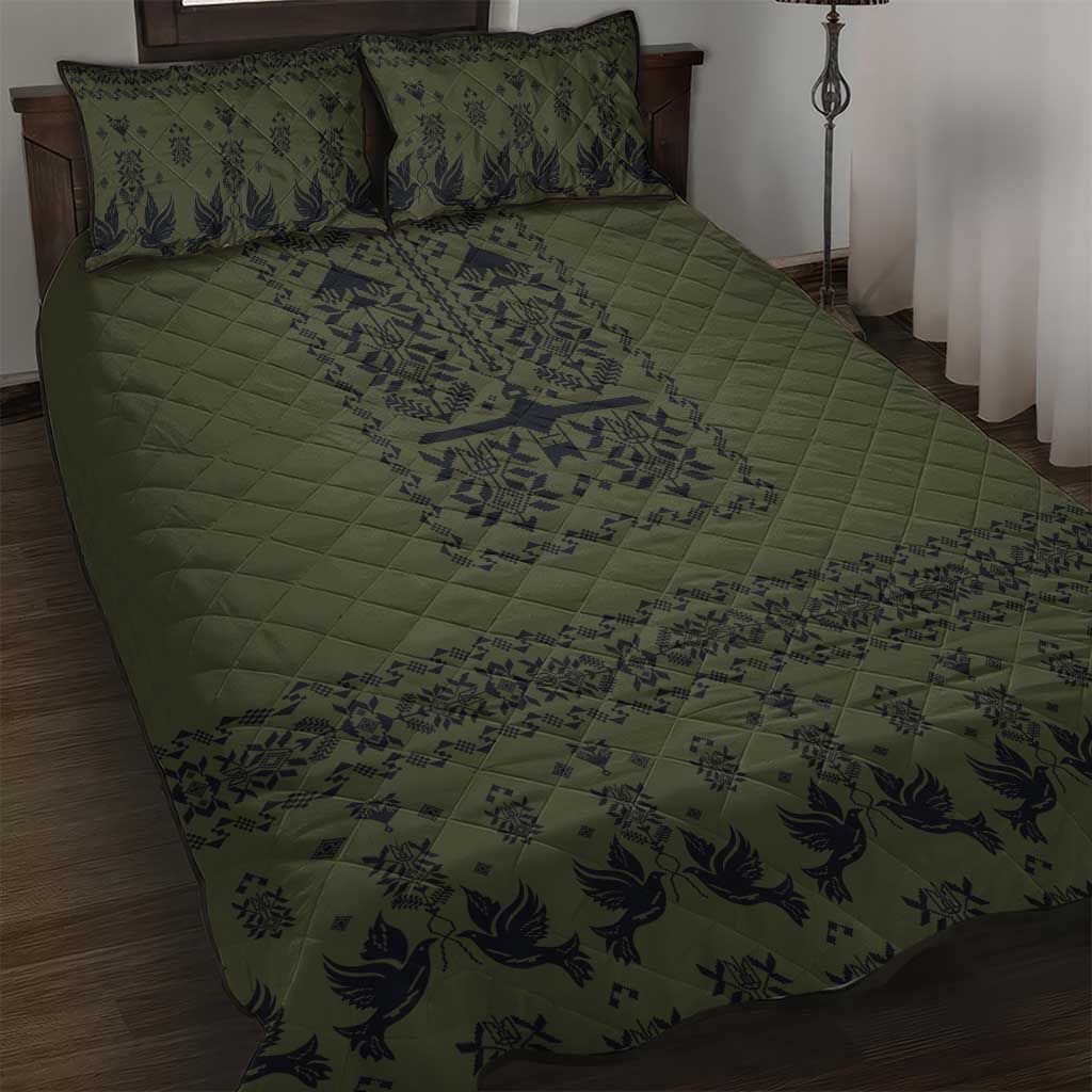 Ukraine Military Vyshyvanka Pattern Quilt Bed Set Ukrainian Heritage Green Tactical Style - Wonder Print Shop