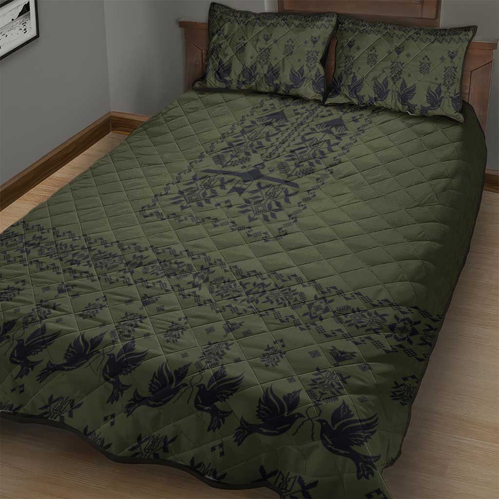 Ukraine Military Vyshyvanka Pattern Quilt Bed Set Ukrainian Heritage Green Tactical Style - Wonder Print Shop