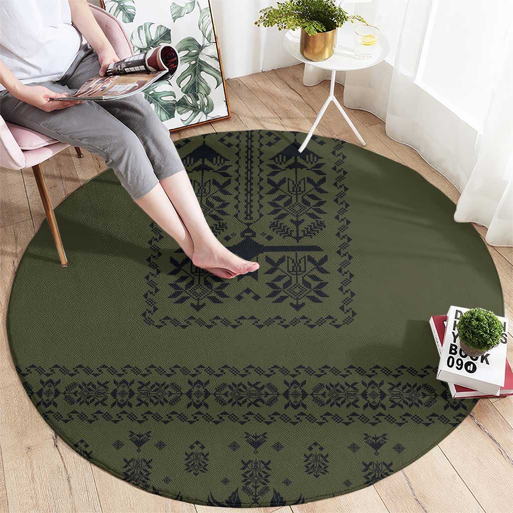 Ukraine Military Vyshyvanka Pattern Round Carpet Ukrainian Heritage Green Tactical Style - Wonder Print Shop