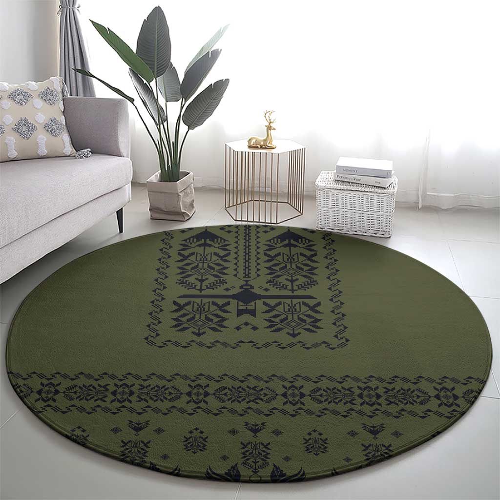 Ukraine Military Vyshyvanka Pattern Round Carpet Ukrainian Heritage Green Tactical Style - Wonder Print Shop