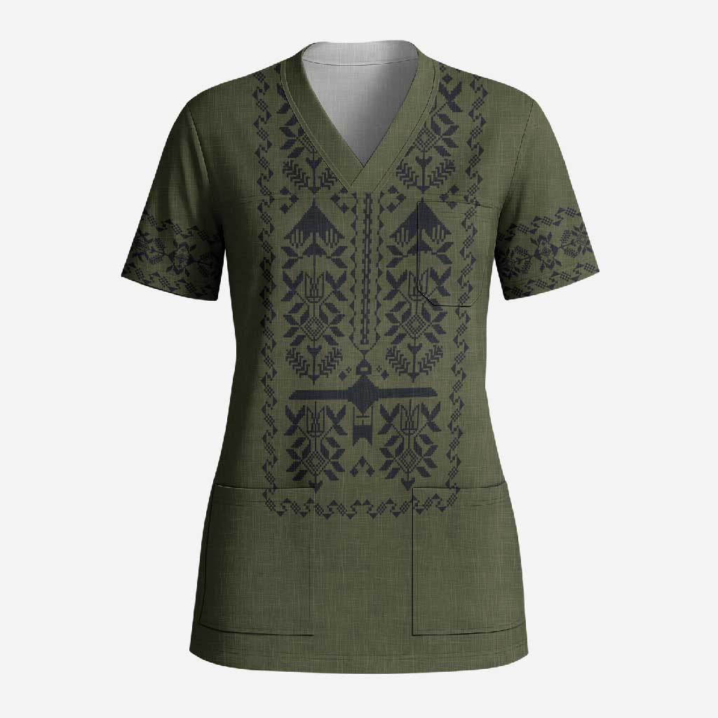 Ukraine Military Vyshyvanka Pattern Scrub Top Ukrainian Heritage Green Tactical Style - Wonder Print Shop
