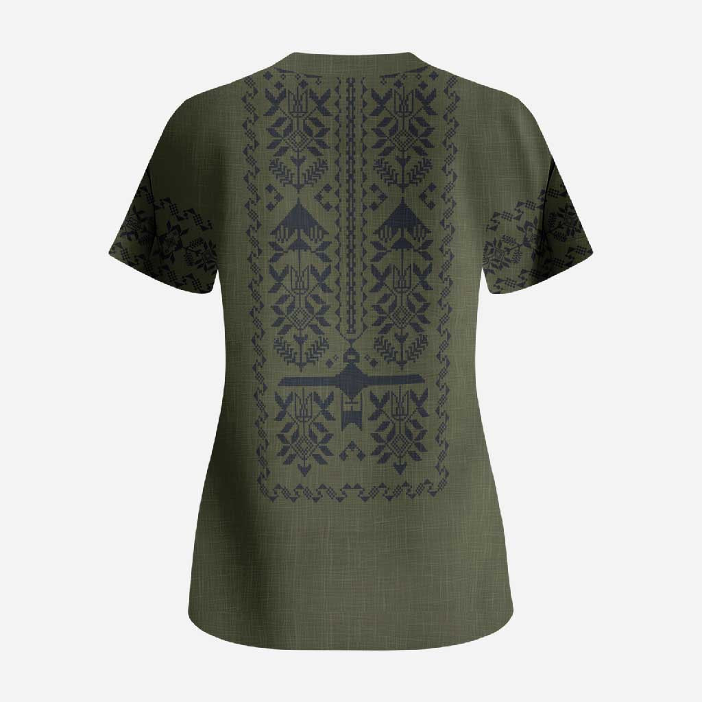 Ukraine Military Vyshyvanka Pattern Scrub Top Ukrainian Heritage Green Tactical Style - Wonder Print Shop