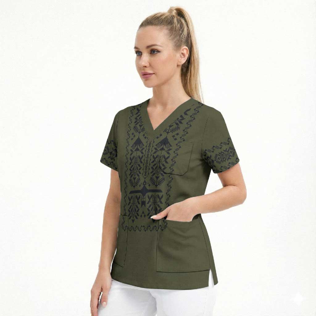 Ukraine Military Vyshyvanka Pattern Scrub Top Ukrainian Heritage Green Tactical Style - Wonder Print Shop