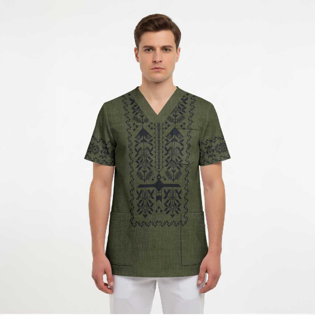 Ukraine Military Vyshyvanka Pattern Scrub Top Ukrainian Heritage Green Tactical Style - Wonder Print Shop