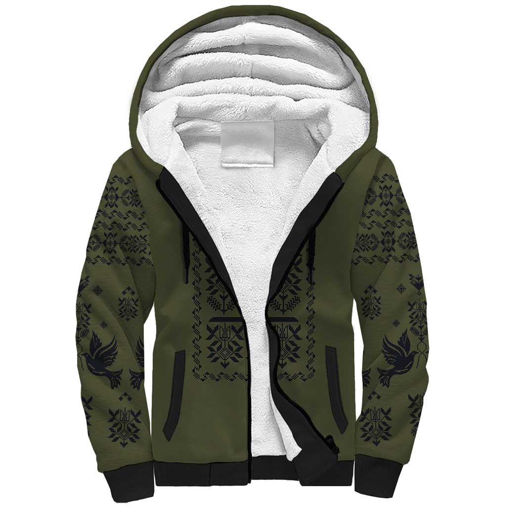 Ukraine Military Vyshyvanka Pattern Sherpa Hoodie Ukrainian Heritage Green Tactical Style - Wonder Print Shop