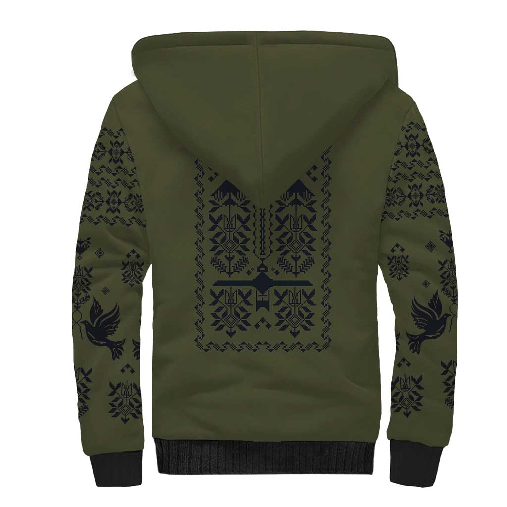 Ukraine Military Vyshyvanka Pattern Sherpa Hoodie Ukrainian Heritage Green Tactical Style - Wonder Print Shop