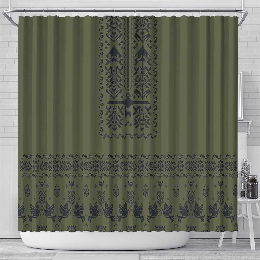 Ukraine Military Vyshyvanka Pattern Shower Curtain Ukrainian Heritage Green Tactical Style - Wonder Print Shop