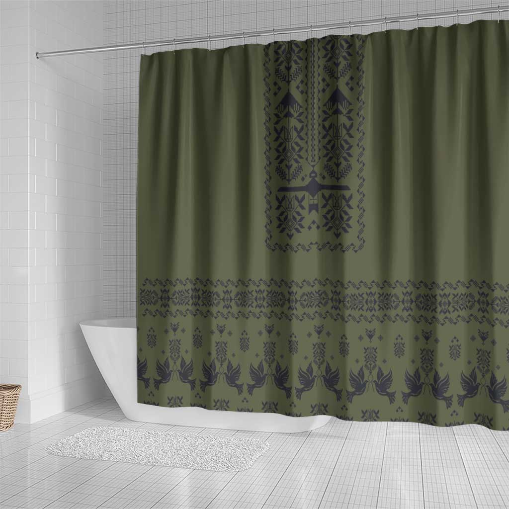 Ukraine Military Vyshyvanka Pattern Shower Curtain Ukrainian Heritage Green Tactical Style - Wonder Print Shop