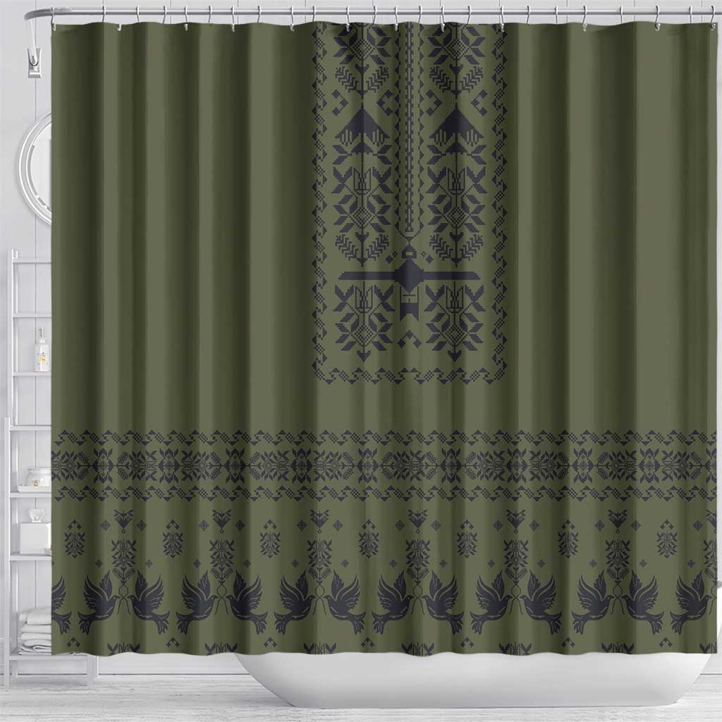 Ukraine Military Vyshyvanka Pattern Shower Curtain Ukrainian Heritage Green Tactical Style - Wonder Print Shop