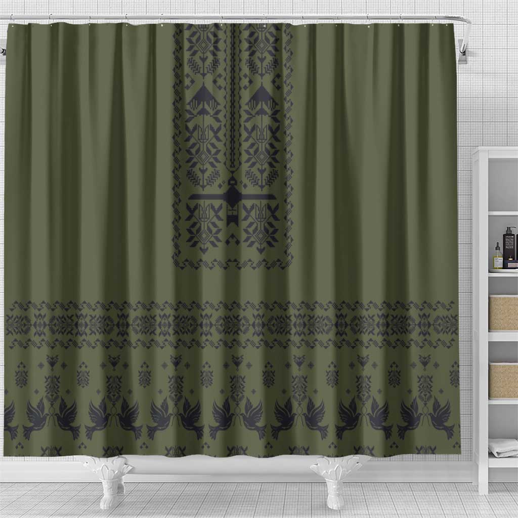 Ukraine Military Vyshyvanka Pattern Shower Curtain Ukrainian Heritage Green Tactical Style - Wonder Print Shop