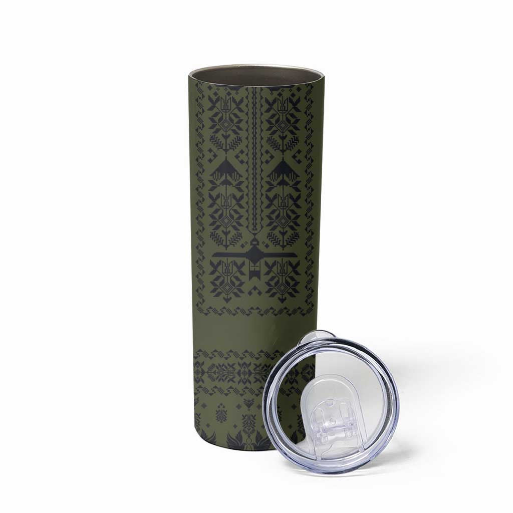 Ukraine Military Vyshyvanka Pattern Skinny Tumbler Ukrainian Heritage Green Tactical Style - Wonder Print Shop