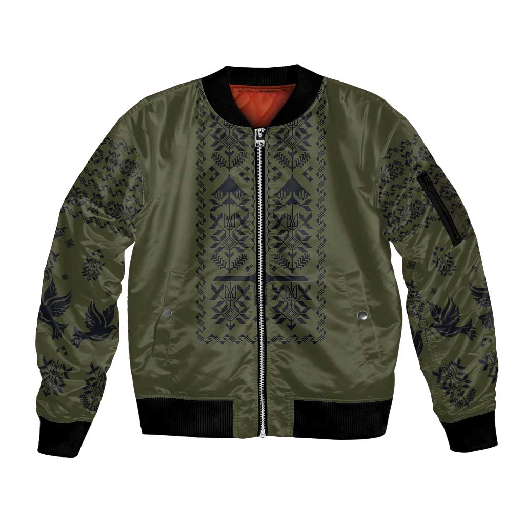 Ukraine Military Vyshyvanka Pattern Sleeve Zip Bomber Jacket Ukrainian Heritage Green Tactical Style - Wonder Print Shop