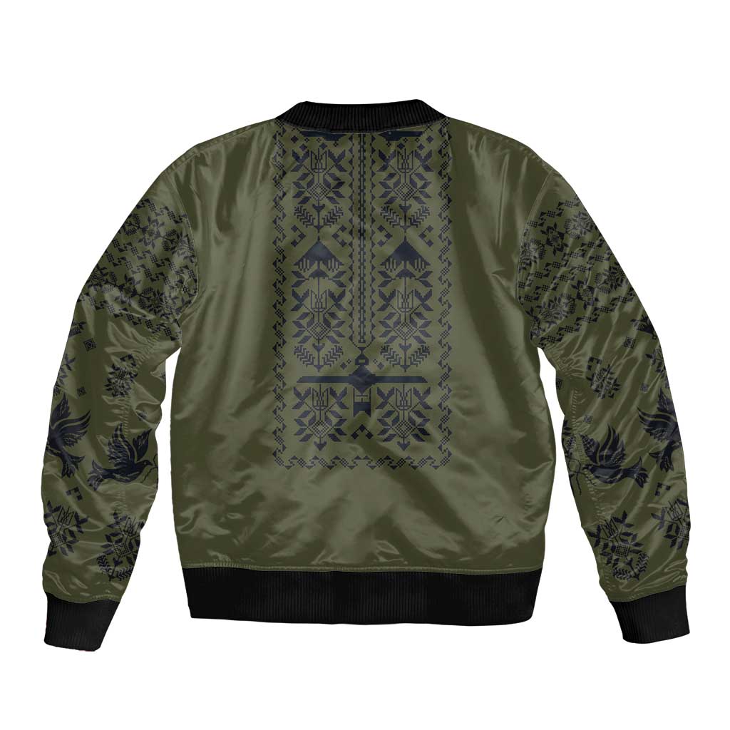 Ukraine Military Vyshyvanka Pattern Sleeve Zip Bomber Jacket Ukrainian Heritage Green Tactical Style - Wonder Print Shop