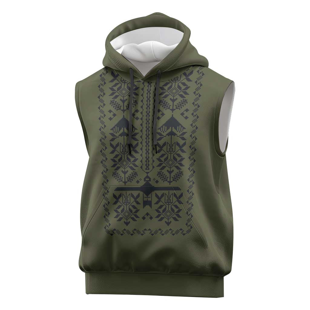 Ukraine Military Vyshyvanka Pattern Sleeveless Hoodie Ukrainian Heritage Green Tactical Style - Wonder Print Shop