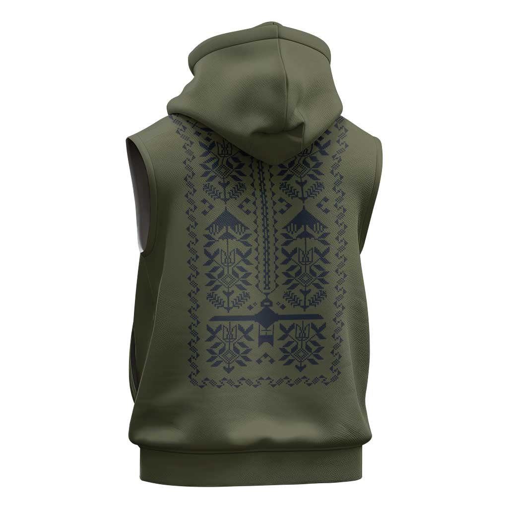 Ukraine Military Vyshyvanka Pattern Sleeveless Hoodie Ukrainian Heritage Green Tactical Style - Wonder Print Shop