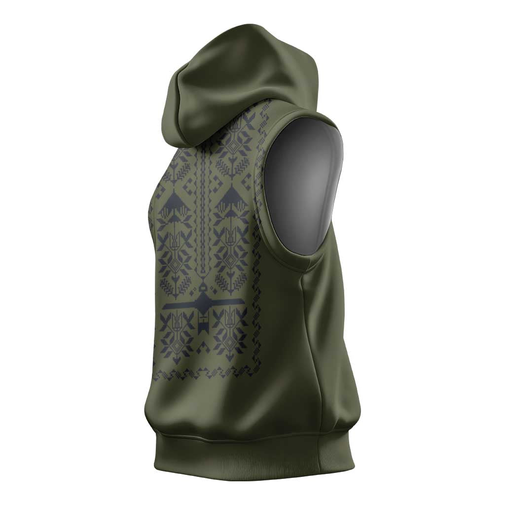 Ukraine Military Vyshyvanka Pattern Sleeveless Hoodie Ukrainian Heritage Green Tactical Style - Wonder Print Shop