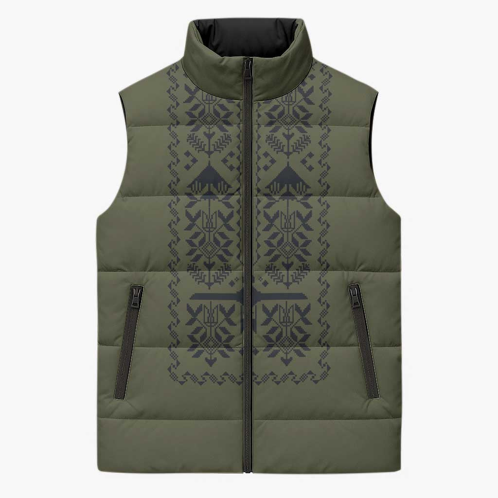 Ukraine Military Vyshyvanka Pattern Sleeveless Puffer Jacket Ukrainian Heritage Green Tactical Style - Wonder Print Shop