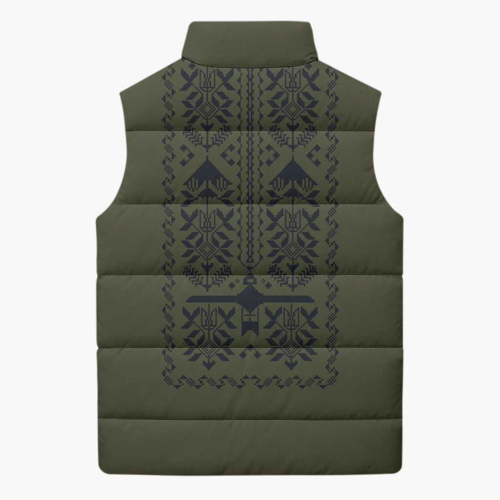Ukraine Military Vyshyvanka Pattern Sleeveless Puffer Jacket Ukrainian Heritage Green Tactical Style - Wonder Print Shop