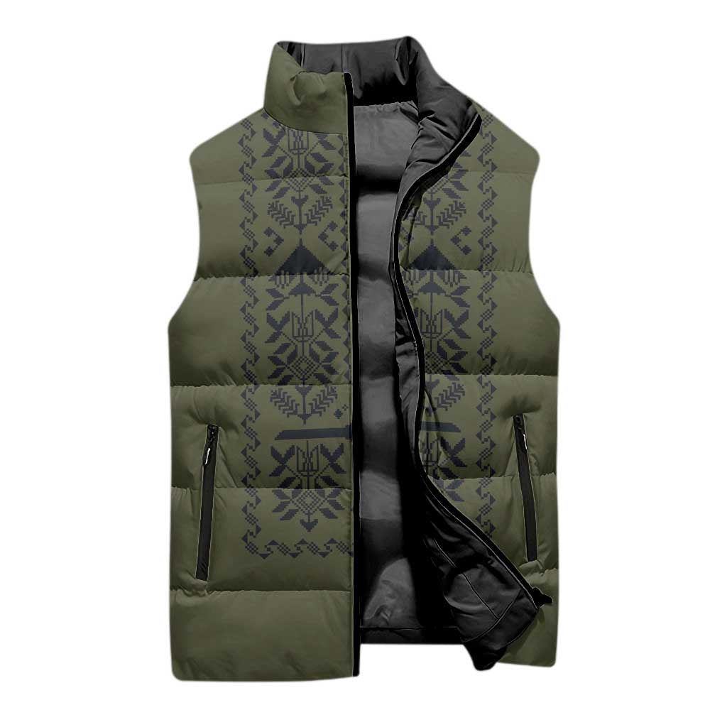 Ukraine Military Vyshyvanka Pattern Sleeveless Puffer Jacket Ukrainian Heritage Green Tactical Style - Wonder Print Shop