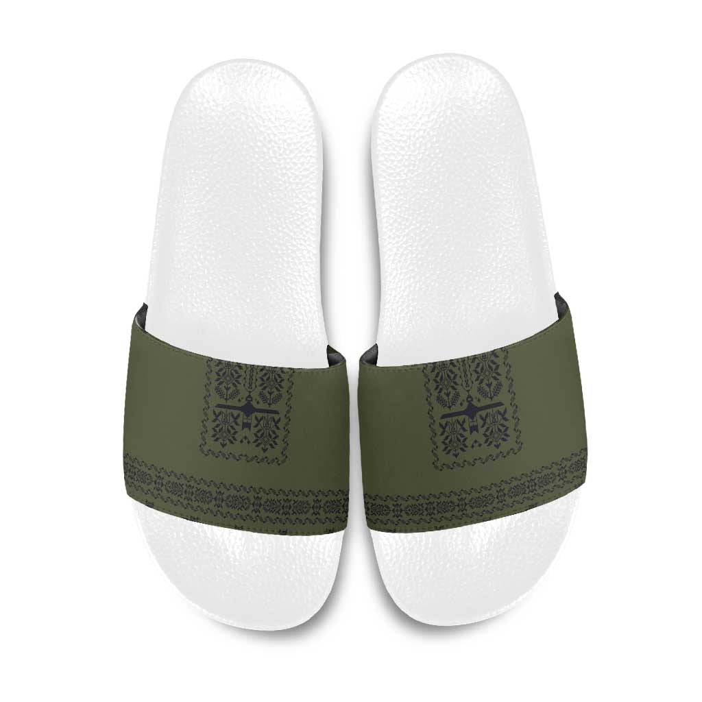 Ukraine Military Vyshyvanka Pattern Slide Sandals Ukrainian Heritage Green Tactical Style - Wonder Print Shop