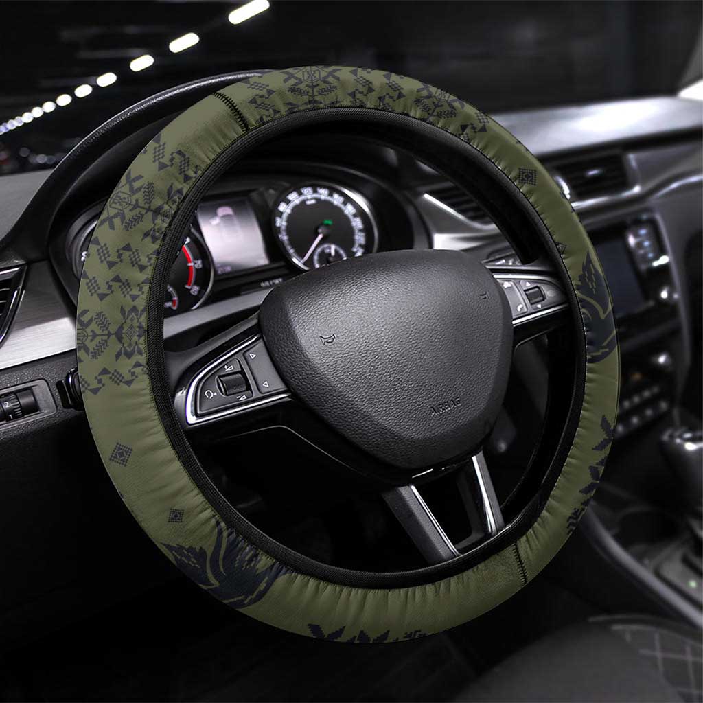 Ukraine Military Vyshyvanka Pattern Steering Wheel Cover Ukrainian Heritage Green Tactical Style - Wonder Print Shop