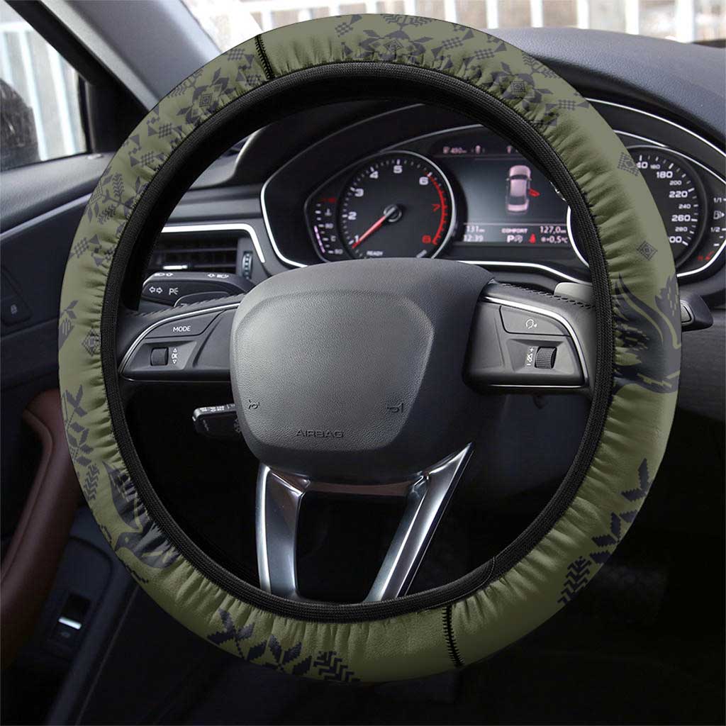 Ukraine Military Vyshyvanka Pattern Steering Wheel Cover Ukrainian Heritage Green Tactical Style - Wonder Print Shop