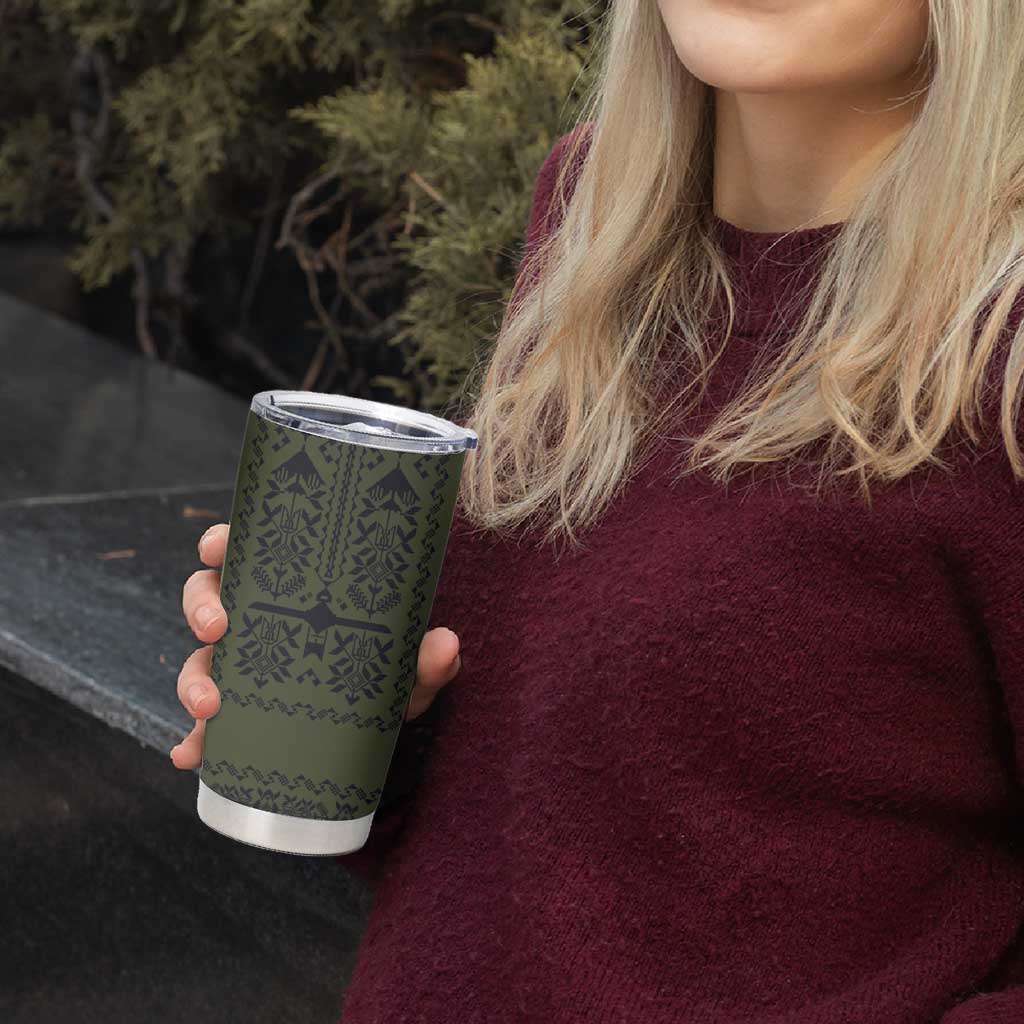 Ukraine Military Vyshyvanka Pattern Tumbler Cup Ukrainian Heritage Green Tactical Style - Wonder Print Shop