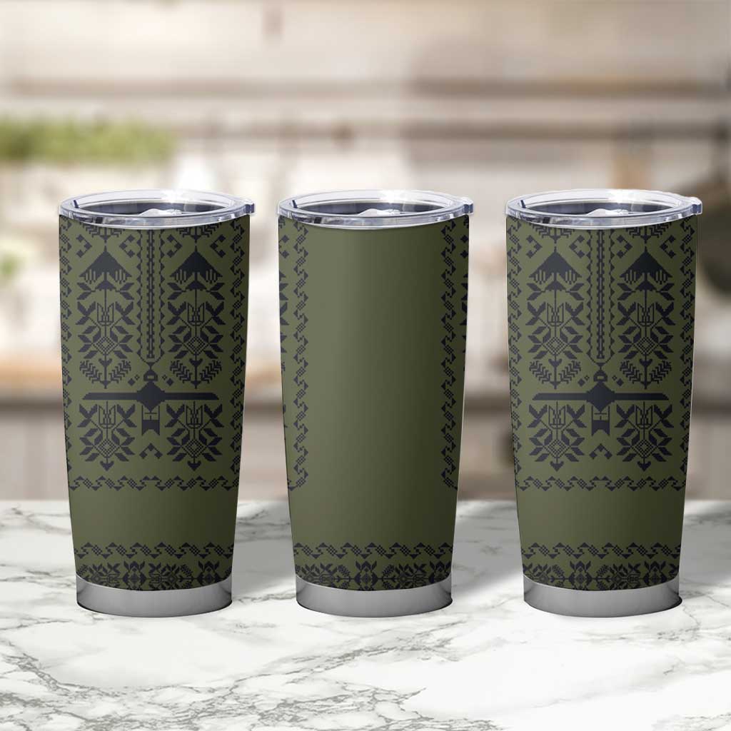 Ukraine Military Vyshyvanka Pattern Tumbler Cup Ukrainian Heritage Green Tactical Style - Wonder Print Shop