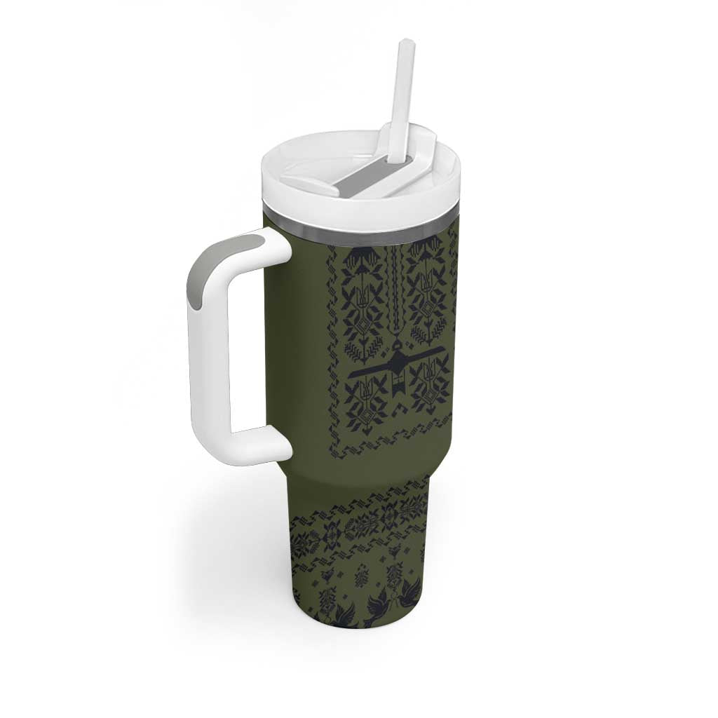 Ukraine Military Vyshyvanka Pattern Tumbler With Handle Ukrainian Heritage Green Tactical Style - Wonder Print Shop