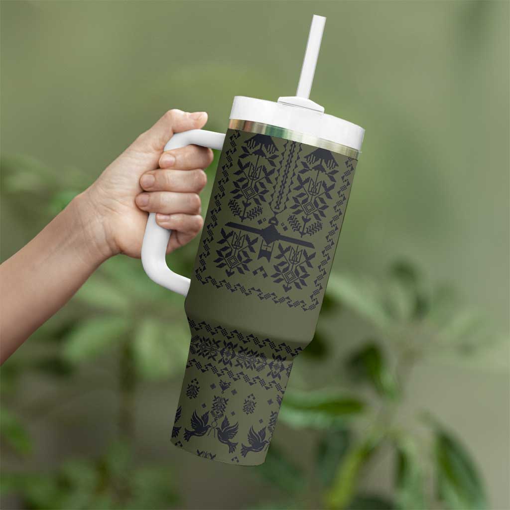Ukraine Military Vyshyvanka Pattern Tumbler With Handle Ukrainian Heritage Green Tactical Style - Wonder Print Shop