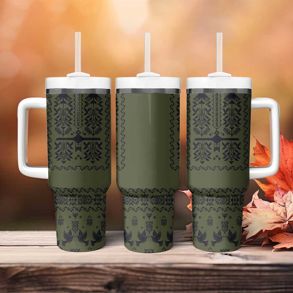 Ukraine Military Vyshyvanka Pattern Tumbler With Handle Ukrainian Heritage Green Tactical Style - Wonder Print Shop